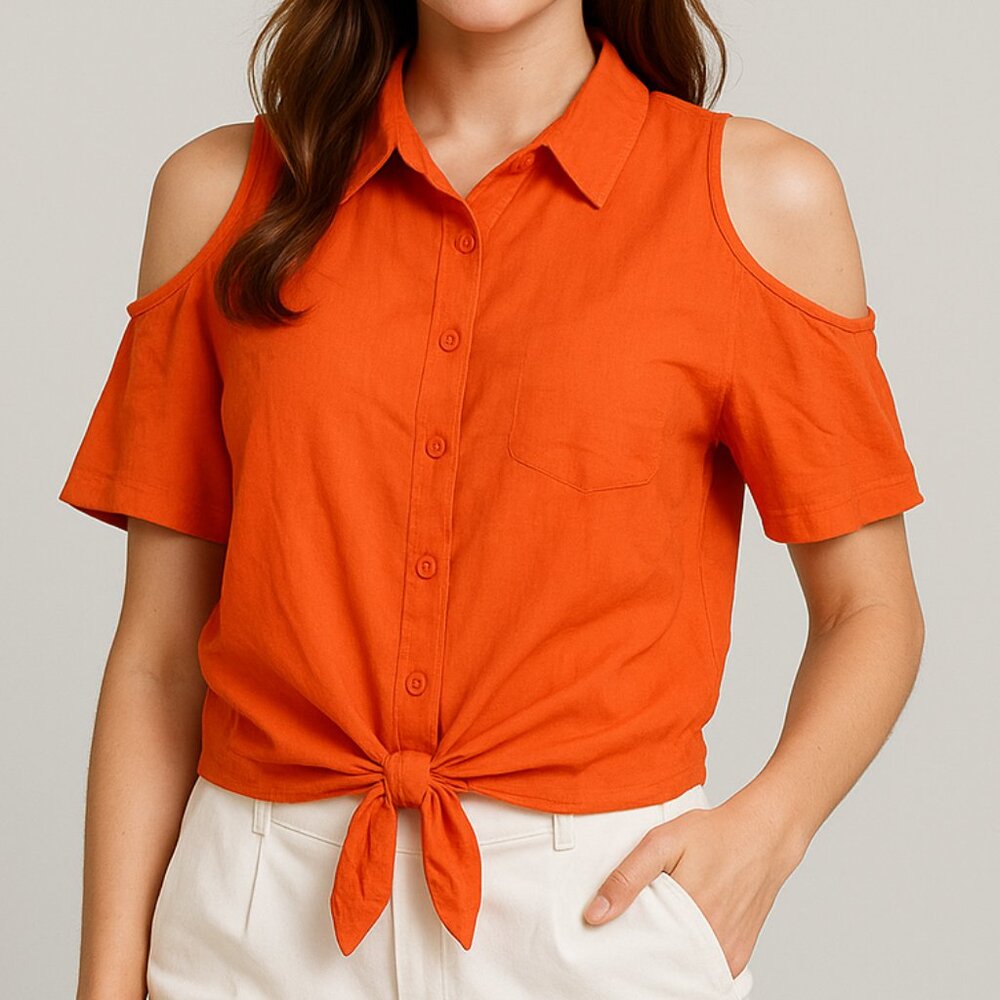 Parker- 100% silk cold shoulder shirt crop top
